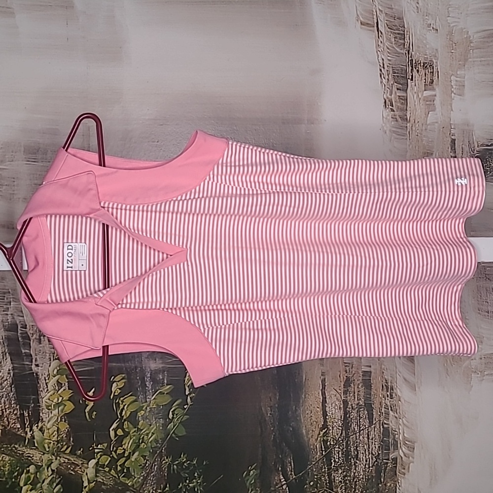 Izod Fitness Womens Medium athletic sporty pink striped vneck collared top